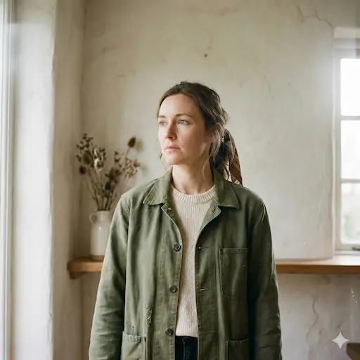 SGO-Immo-Simon-Gogel- Eine Person mit hellbraunem Haar, die eine grüne Jacke über einem weißen Hemd trägt, steht in einem Innenraum an einem Fenster in Reutlingen. Getrocknete Blumen und eine Vase stehen auf dem Sims, während natürliches Licht diese einladende Umgebung von Immobilien beleuchtet.