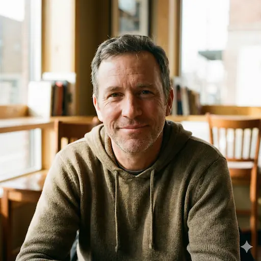 SGO-Immo-Simon-Gogel- Ein Mann mit kurzen braunen Haaren und leichten Bartstoppeln, der einen braunen Kapuzenpullover trägt, sitzt in einem Innenraum an einem Holztisch in Reutlingen. Im Hintergrund sind Regale mit Büchern und große Fenster zu sehen, die natürliches Licht hereinlassen.