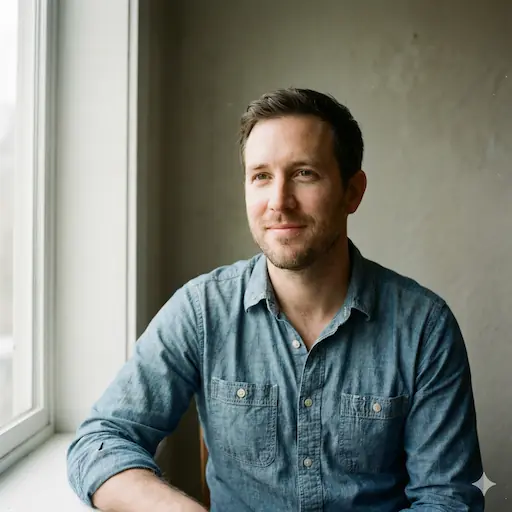 SGO-Immo-Simon-Gogel- Ein Mann mit kurzen braunen Haaren und gestutztem Bart sitzt an einem Fenster in Reutlingen und trägt ein hellblaues Button-up-Hemd. Mit neutraler Miene blickt er zur Seite - vielleicht denkt er über seine Arbeit in der Instandhaltung oder Hausverwaltung nach. Der Hintergrund ist schlicht und sanft beleuchtet.