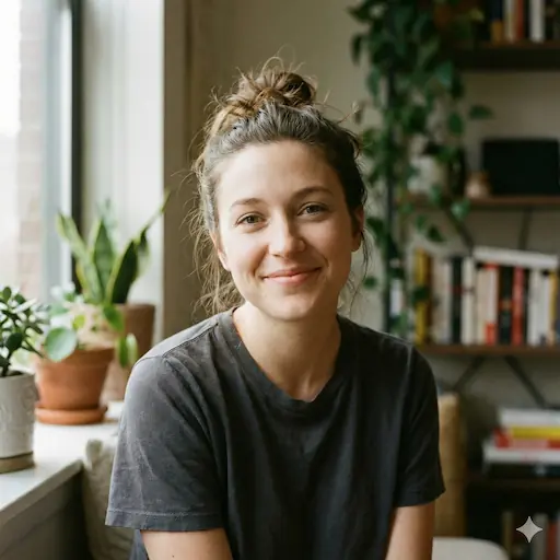 SGO-Immo-Simon-Gogel- Eine Frau mit heller Haut und braunen Haaren in einem Dutt sitzt drinnen an einem Fenster und lächelt. Sie trägt ein dunkles T-Shirt. Auf der Fensterbank stehen Topfpflanzen, und ein Bücherregal mit Büchern unterstreicht ihr gemütliches Reutlinger Zuhause - perfekt für Tipps zur Hausverwaltung oder Instandhaltung.