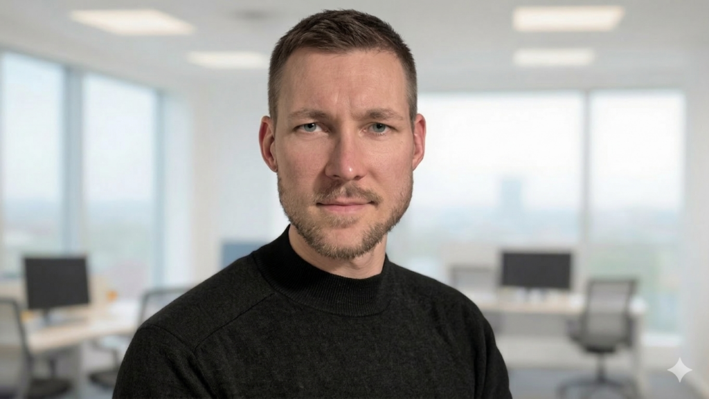 SGO-Immo-Simon-Gogel- Ein Mann mit kurzen hellbraunen Haaren und gestutztem Bart trägt einen schwarzen Pullover und blickt in die Kamera in einem modernen Büro der Immobilien- oder Hausverwaltung in Reutlingen, mit verschwommenen Schreibtischen und Fenstern im Hintergrund.