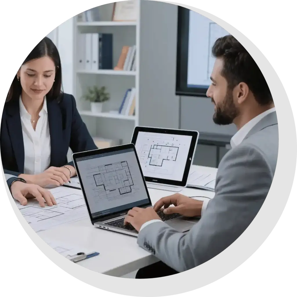 SGO-Immo-Simon-Gogel- Eine Frau und ein Mann sitzen an einem Tisch in einem Reutlinger Büro und gehen auf ihren Laptops und ausgedruckten Blättern architektonische Grundrisse für Immobilien durch. Im Hintergrund sind Regale mit Aktenordnern und eine Pflanze zu sehen.