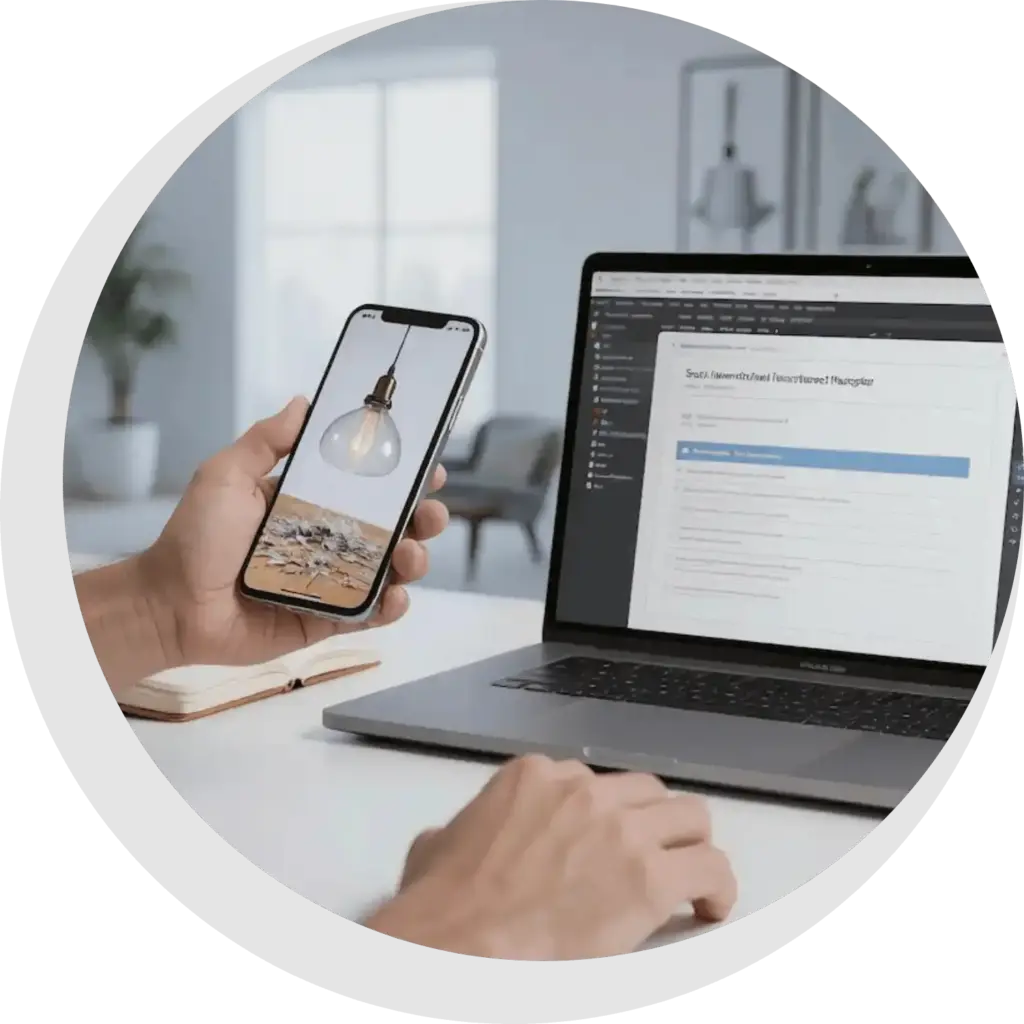 SGO-Immo-Simon-Gogel- Eine Person hält ein Smartphone, das ein Glühbirnenbild anzeigt, während sie an einem Laptop an einem Schreibtisch arbeitet. Der Laptop zeigt eine Webseite der Immobilien Hausverwaltung mit Text und Formularen. Ein Notizblock und ein Stift liegen ebenfalls auf dem Schreibtisch.